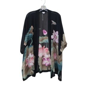 CCC 100% Silk Kimono Wrap Black Hand Painted Lotus Flower Butterfly One Size